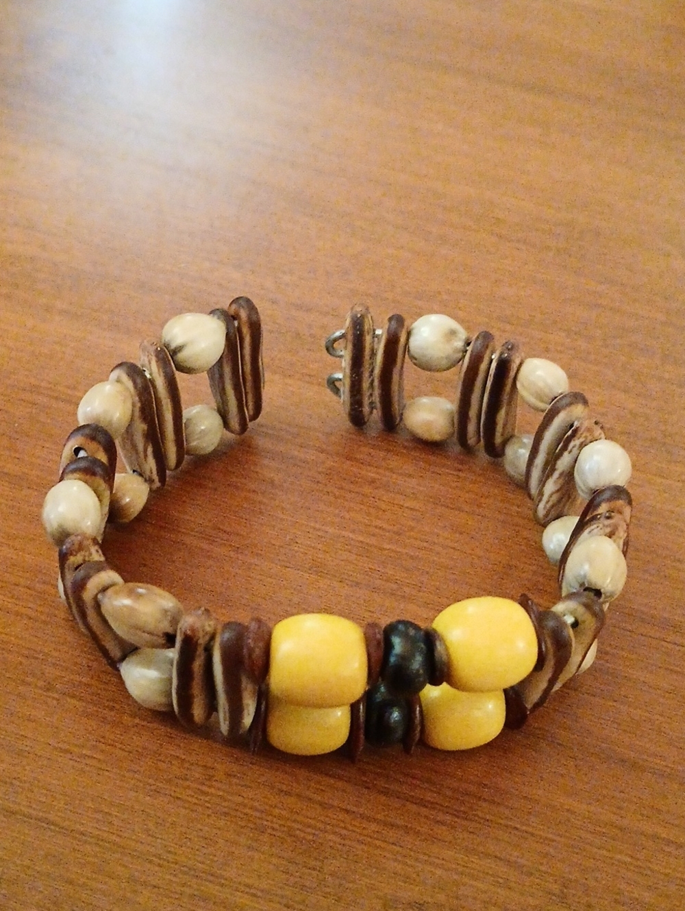 Handmade Yellow and Brown Beaded Wire Bracelet